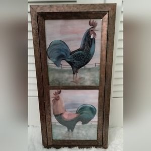 Country Roosters Framed Art Signed Emma Stubbs Hunk Beautiful 26" x 13"